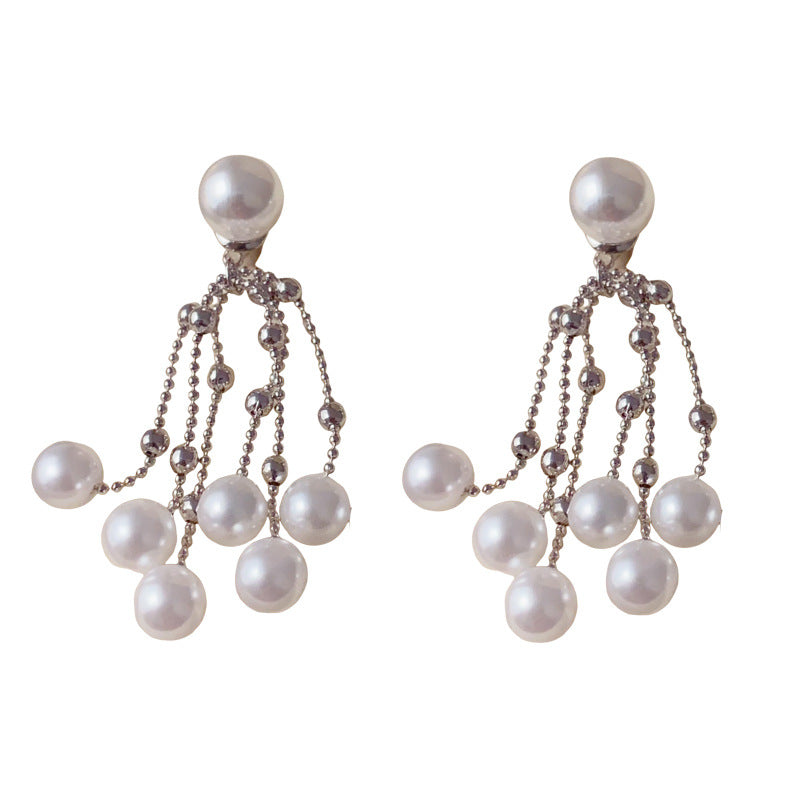 Elegant Two-Way Pearl Tassel Drop Earrings – Long Fringe Design