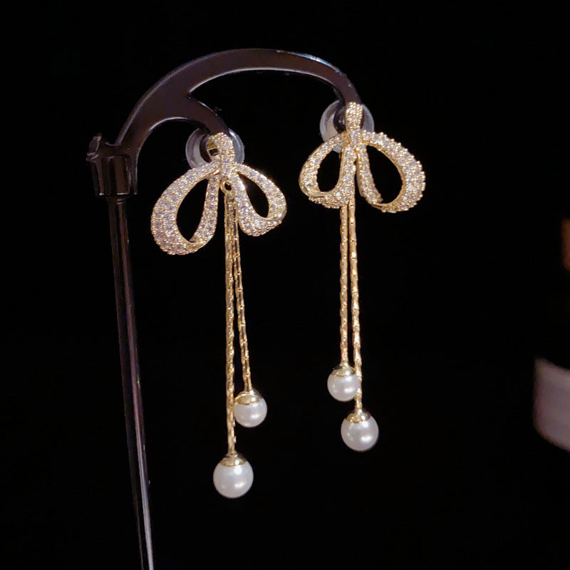 14K Gold-Plated Bow Pearl Tassel Earrings – Pave Zircon Design