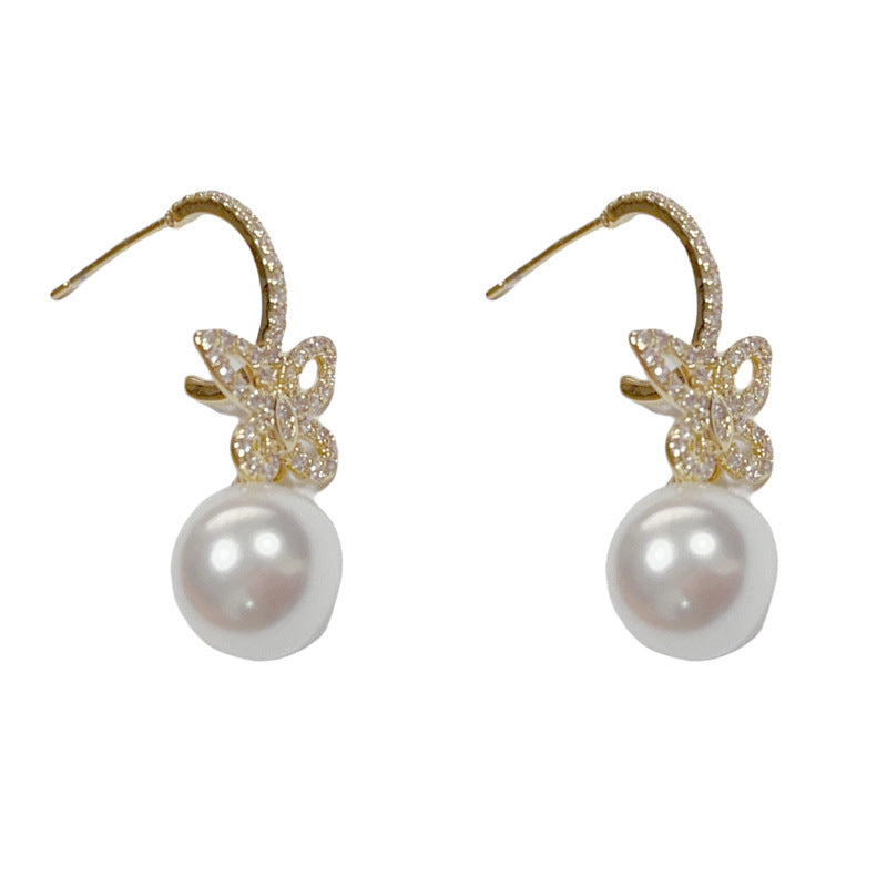 14K Gold-Plated Zircon Butterfly Pearl Earrings – Elegant Drop Design