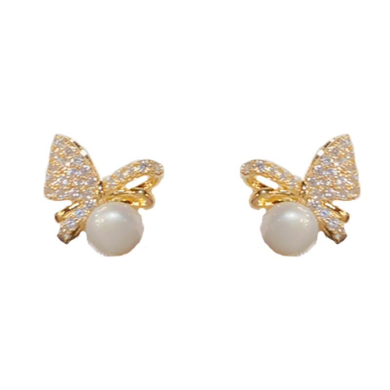 14K Gold Luxury Zircon Bow & Pearl Stud Earrings – Elegant Design