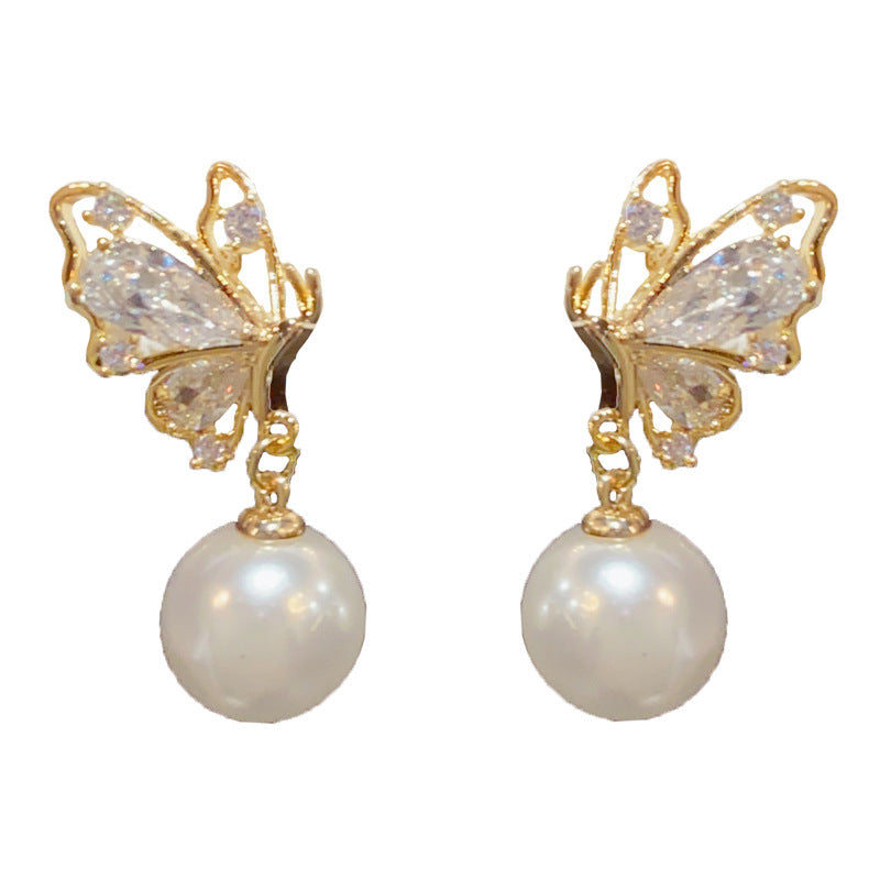 14K Gold Zircon Butterfly Pearl Drop Earrings - Chic Elegance Design