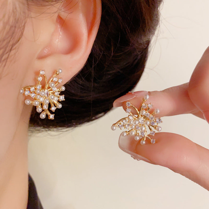 14K GoldLuxury Zircon & Pearl Firework Stud Earrings– Geometric Design