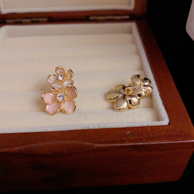 14K Gold Pink Enamel Double Petal Stud Earrings – Elegant Design