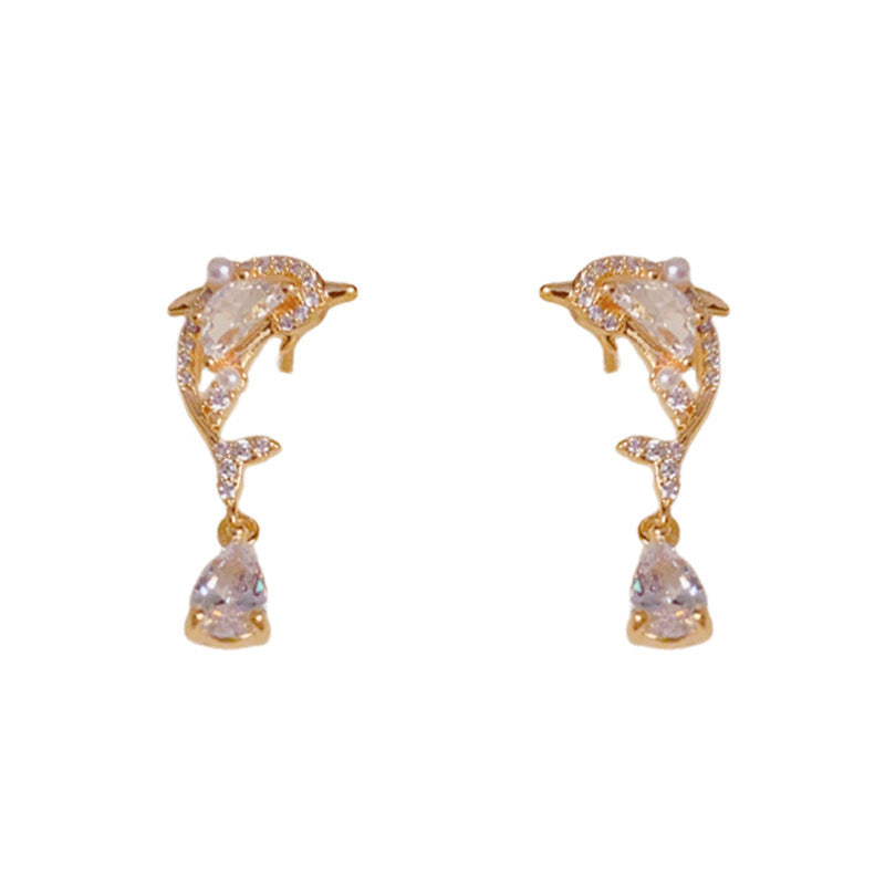 14K Gold Luxury Dolphin Waterdrop Drop Earrings – S925 Silver Needle