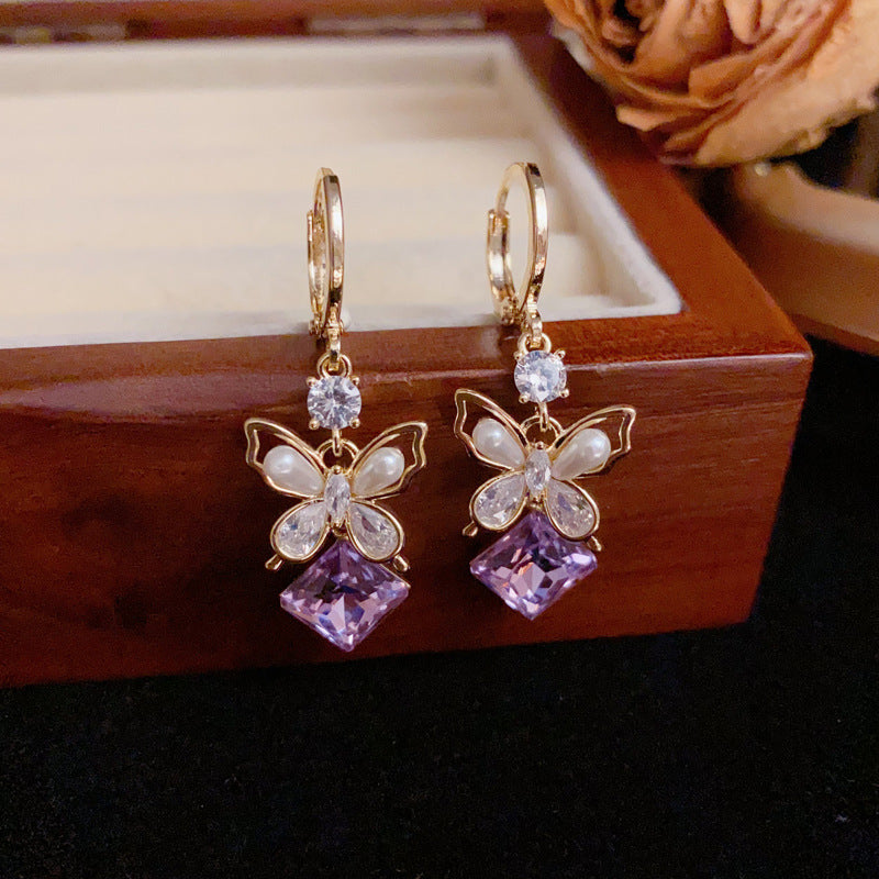 Purple Amethyst Butterfly Tassel Drop Gold Earrings – Elegant Design