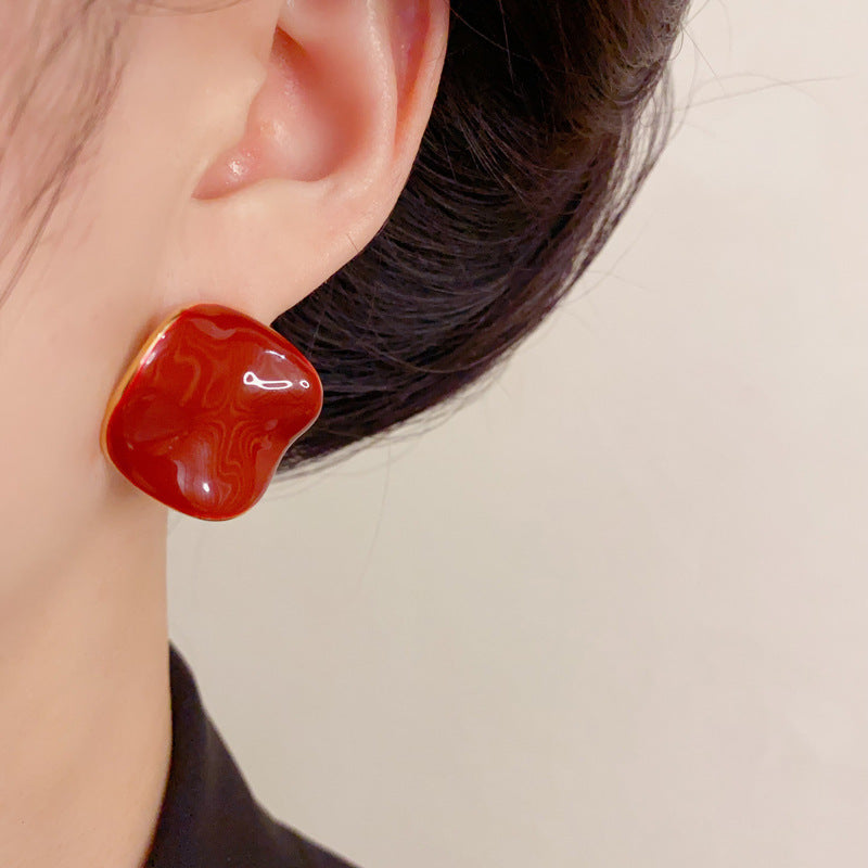 Luxury Irregular Wave Enamel Stud Earrings – French Retro Design
