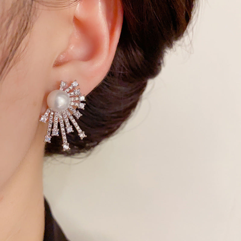 14K Gold-Plated Zircon and Pearl Geometric Earrings - Elegant Design