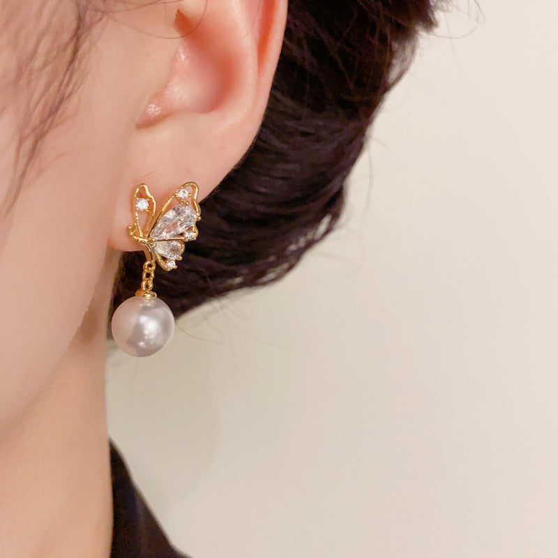 14K Gold Zircon Butterfly Pearl Drop Earrings - Chic Elegance Design