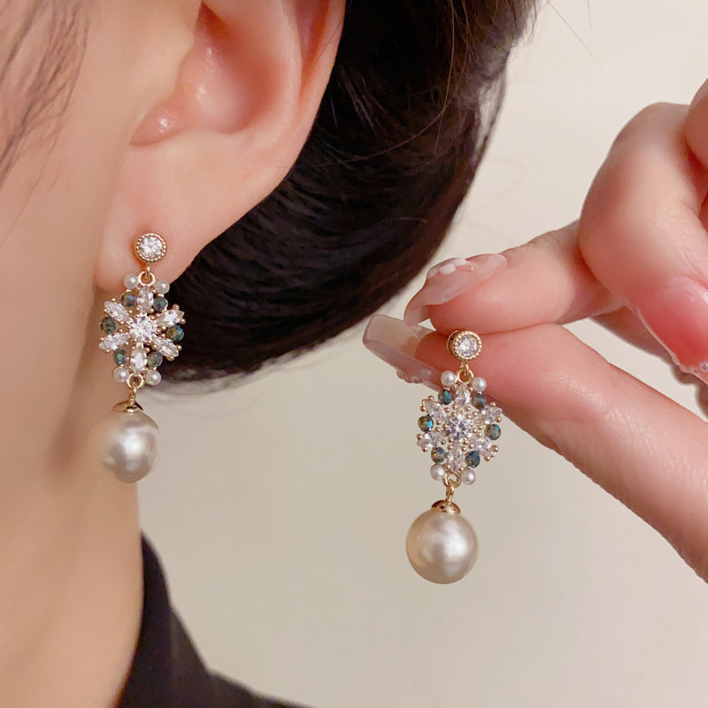 Luxury Zircon Snowflake Pearl Drop Earrings – Elegant French Design