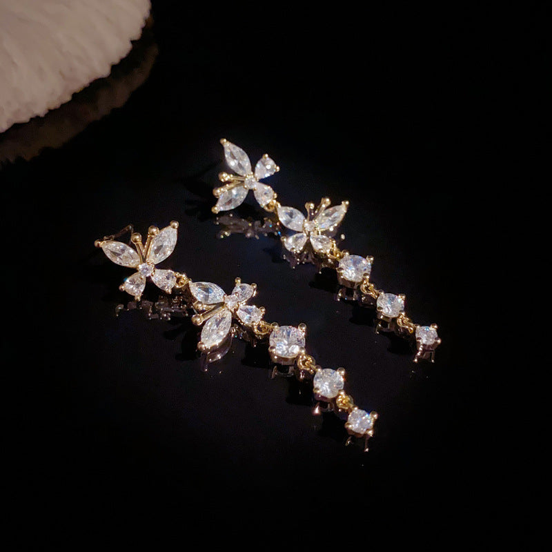 14K Glod Luxury Zircon Butterfly Tassel Drop Earrings – Elegant Design