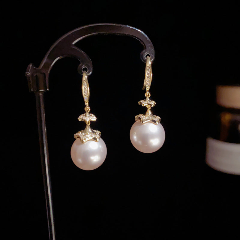14K Gold Zircon Pearl Drop Earrings – Elegant French Chic Design
