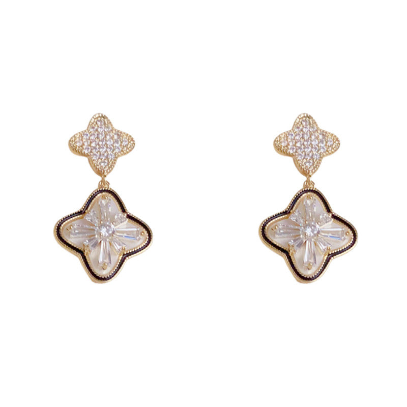 Luxury Zircon Four-Leaf Flower Drop Earrings – Elegant Floral Design