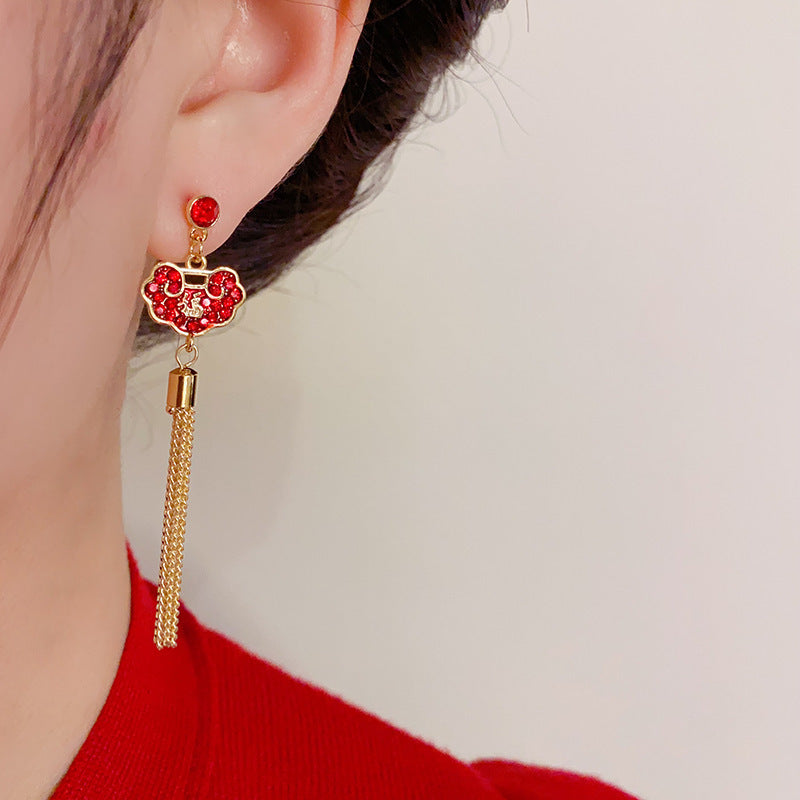 14K Gold-Plated Red Fu Peace Lock Diamond Long Tassel Earrings