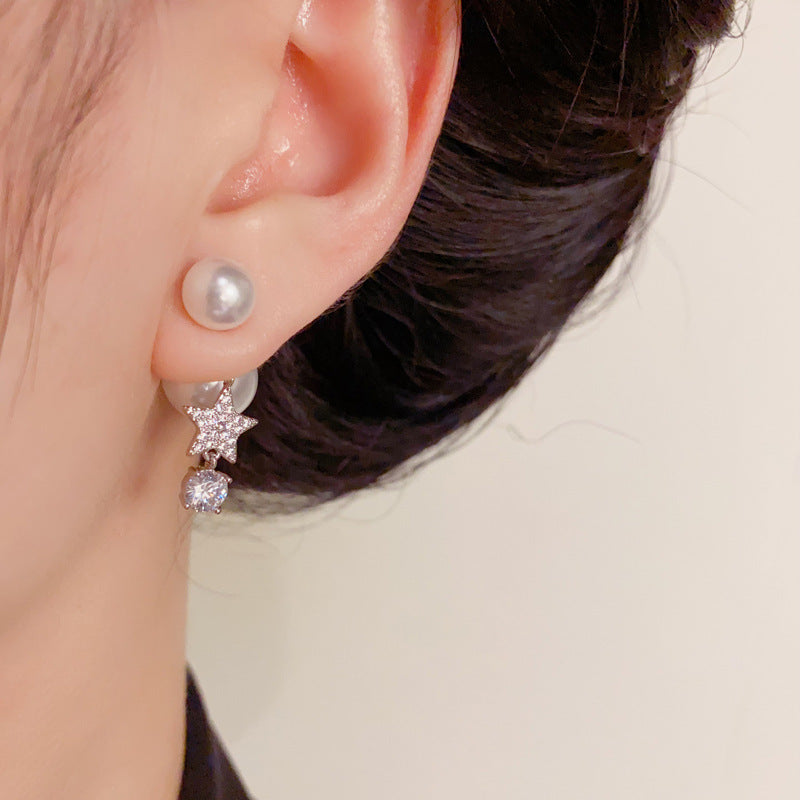 Luxury Zircon Star & Pearl Front-Back Drop Earrings – Elegant Design