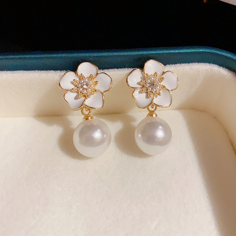 14K Gold-Plated Camellia Pearl Drop Earrings – French Chic Design
