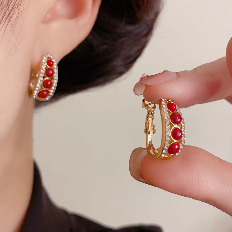 Elegant Zircon Red Geometric C-Hoop Earrings – Minimalist Design