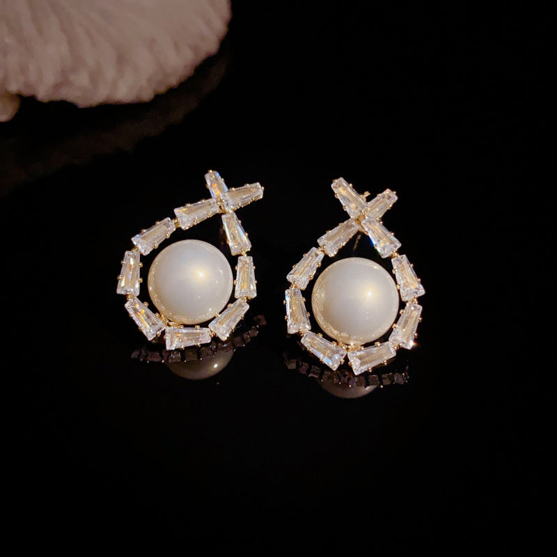 Luxury Zircon Crossed Pearl Droplet Earrings – Elegant Design