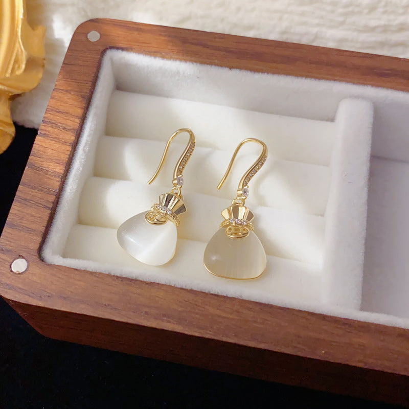 Luxury Cat's Eye Stone Money Bag Hook Earrings – Geometric Design