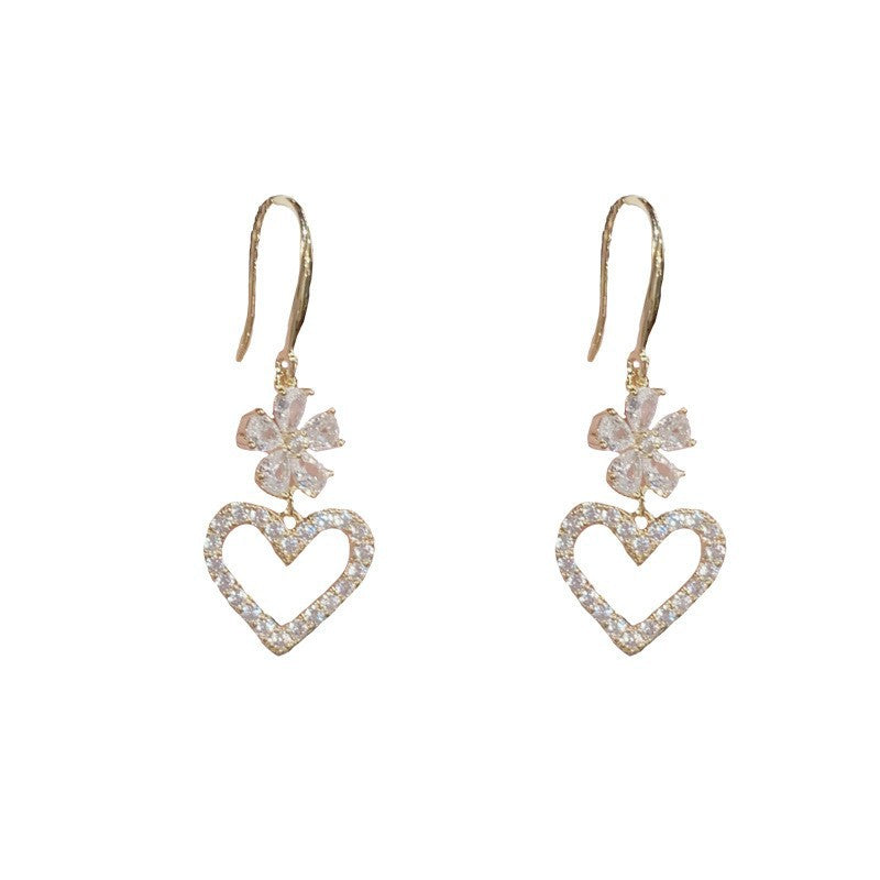 14K Gold Luxury Zircon Flower & Heart Drop Earrings – Elegant Design