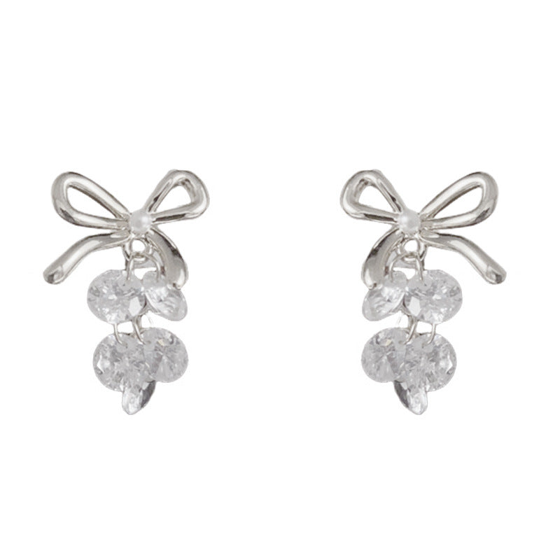 Luxury Metal Bow & Crystal Grape Drop Earrings – Elegant Design