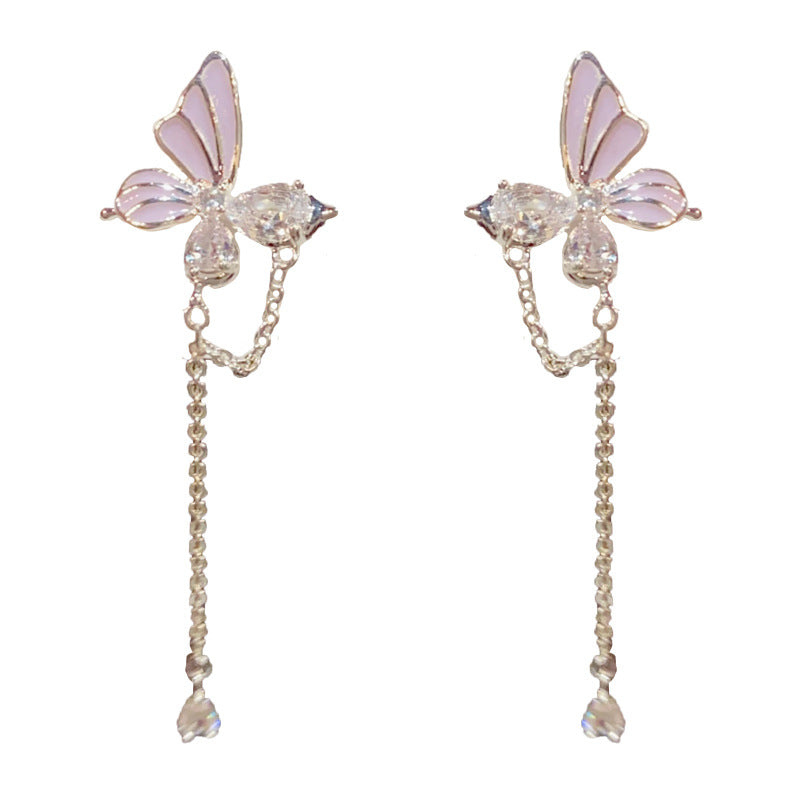 14K Gold-Plated Zircon Butterfly Chain Tassel Earrings– Elegant Design
