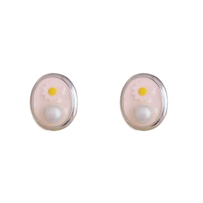 S925 Sliver Luxury Enamel Flower Oval Stud Earrings – Elegant Design