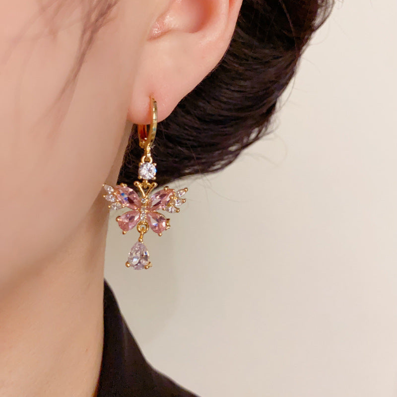 14K Gold-Plated Pink Butterfly Drop Earrings – Sparkling Design