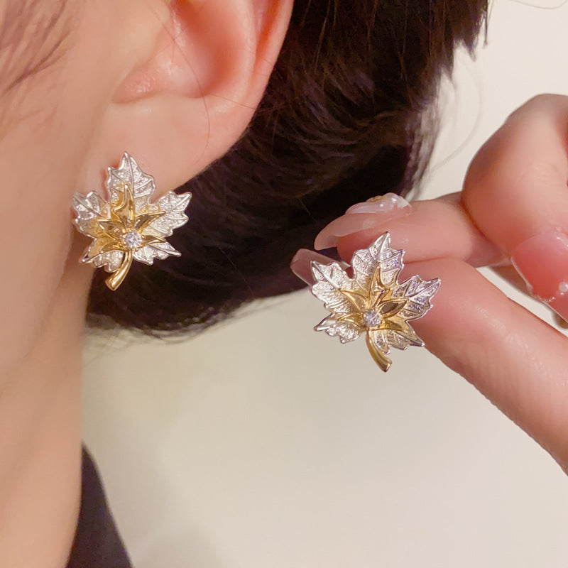 Elegant Colorblock Maple Leaf Stud Gold Earrings – Floral Design
