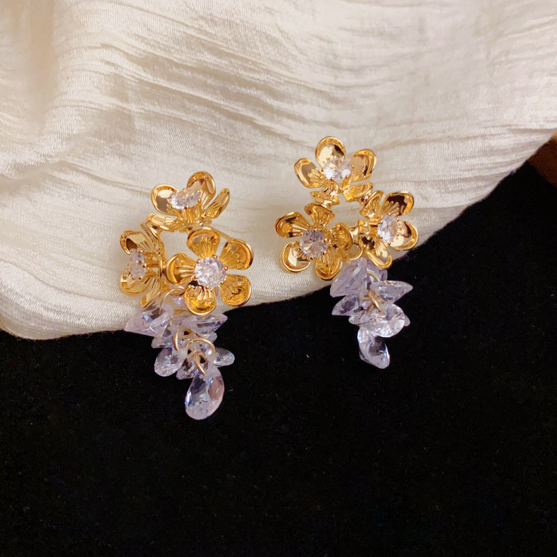 Luxury Metal Petal & Crystal Grape Tassel Drop Earrings –Floral Design