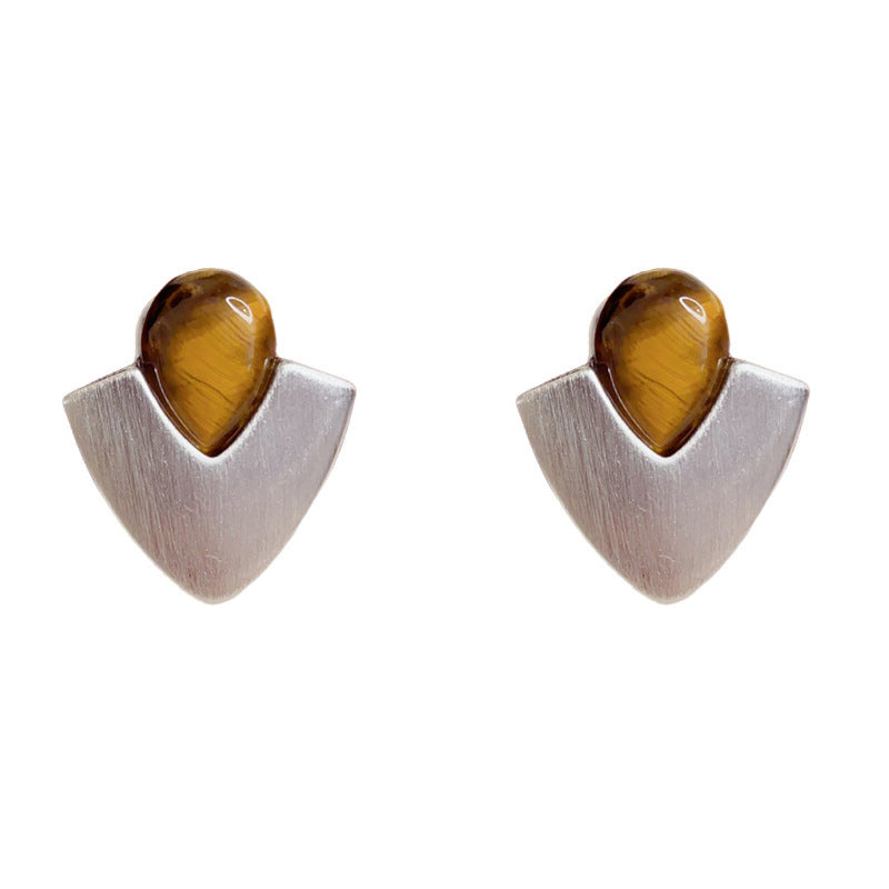 Elegant Tiger's Eye Silver Geometric Stud Earrings – Minimalist Design