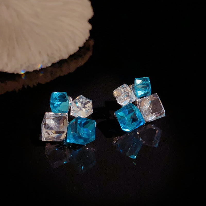 S925 Luxury Sea Salt Blue Crystal Cube Earrings – Elegant Design