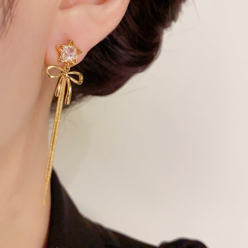 14K Gold-Plated Star Bow Long Tassel Earrings - Chic Elegance Design