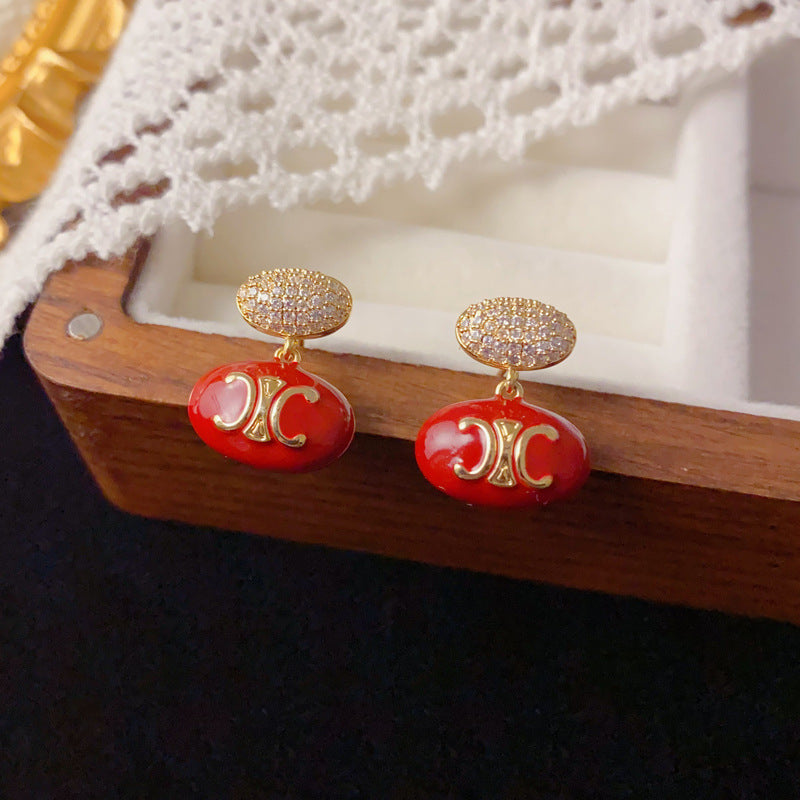 Luxury Red Zircon Arc De Triomphe Oval Drop Earrings – Elegant Design