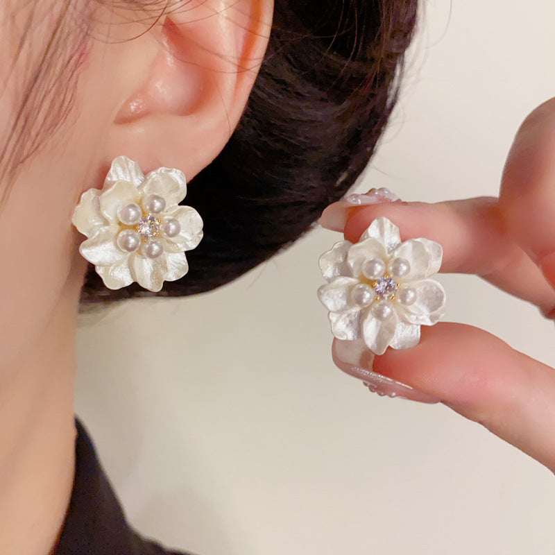 Elegant Pearl & Camellia Stud Floral Earrings – Silver Needle Design