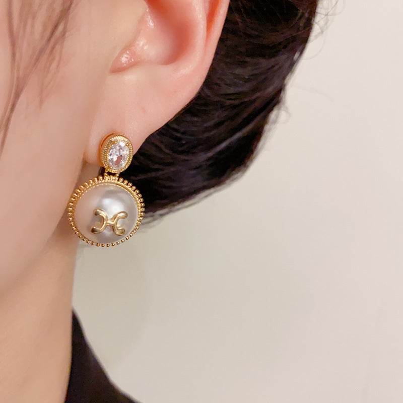 14K Gold-Plated Pearl Double-C Drop Earrings – Chic & Elegant Design