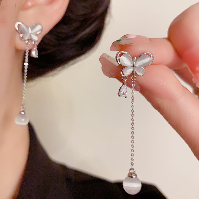 14K Gold-Plated Cat's Eye Butterfly Tassel Earrings – Elegant Design