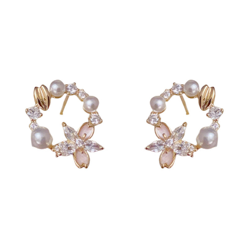 14K Gold Enamel Flower & Pearl Round Stud Earrings – Floral Design