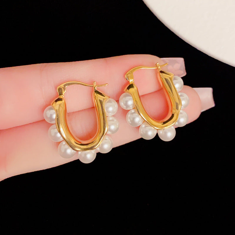 Eaioncol Geometric Pearl Hoop Earrings 18K Gold
