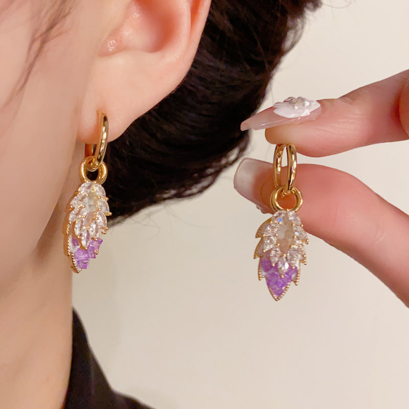 14K Gold Purple Full Zircon Leaf Tassel Earrings- Chic Elegance Design