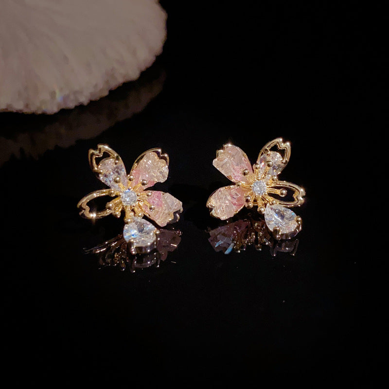 14K Gold Pink Crystal Flower Petal Drop Earrings – Sweet & Elegant