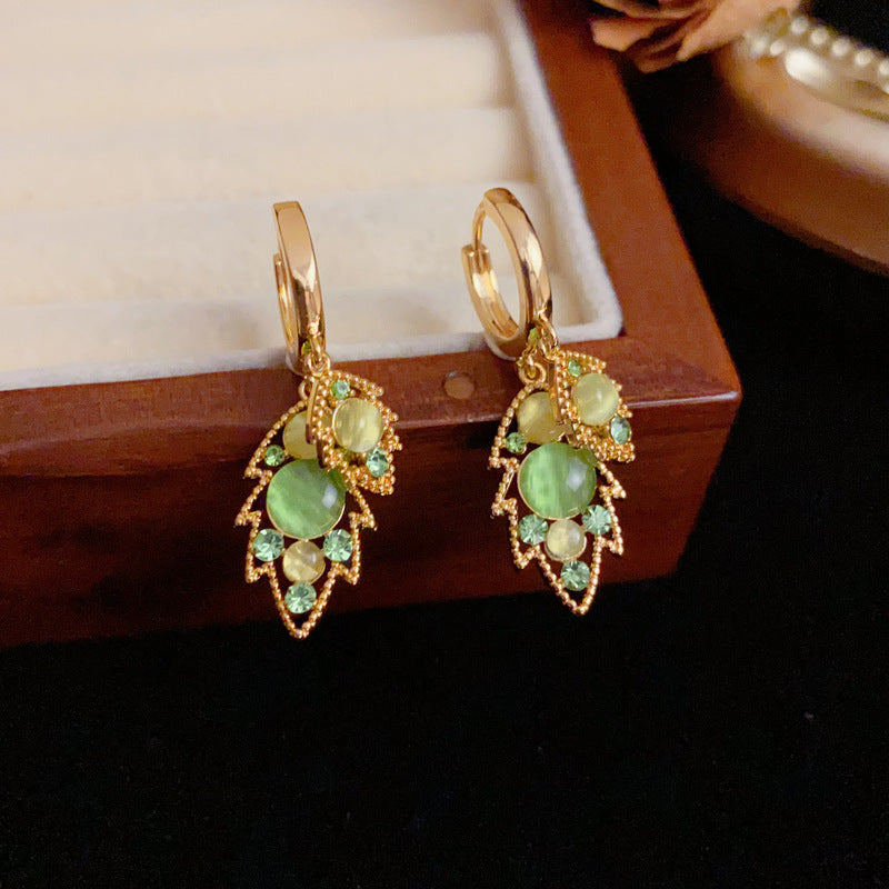 Luxury Green Hollow D-Layer Leaf Gold Earrings – Elegant Design