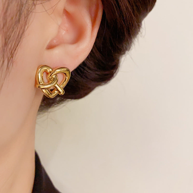14K Gold-Plated Knot Heart Stud Earrings - Chic Minimalist Design