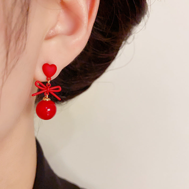 14K Gold-Plated Red Heart Bow Pearl Drop Earrings - Elegant Design