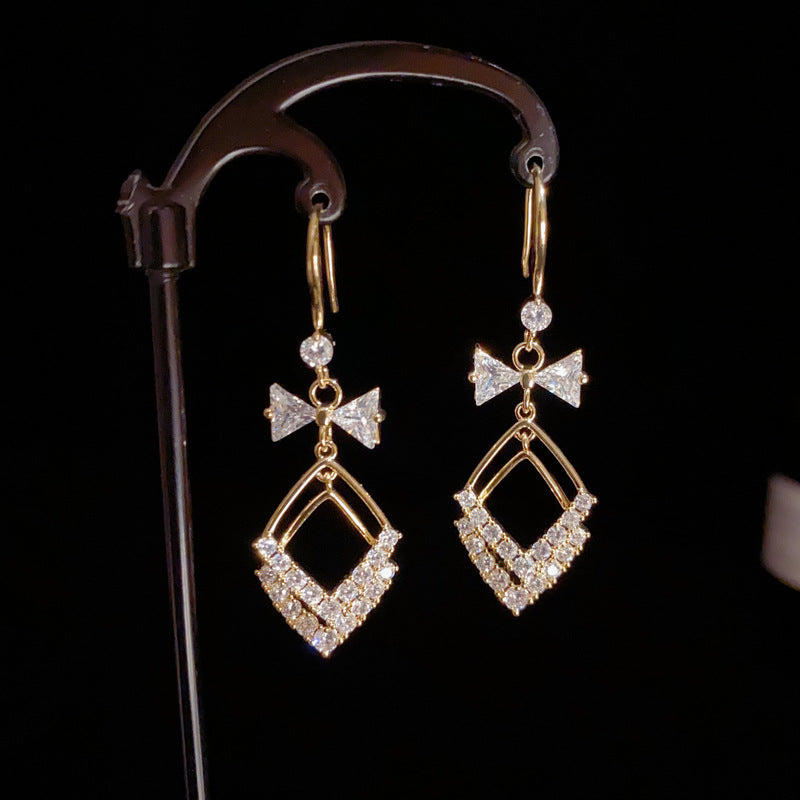 14K Gold-Plated Bow Geometric Diamond Shape Ear Hooks - Elegant & Chic