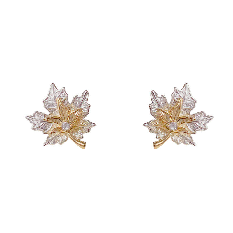Elegant Colorblock Maple Leaf Stud Gold Earrings – Floral Design