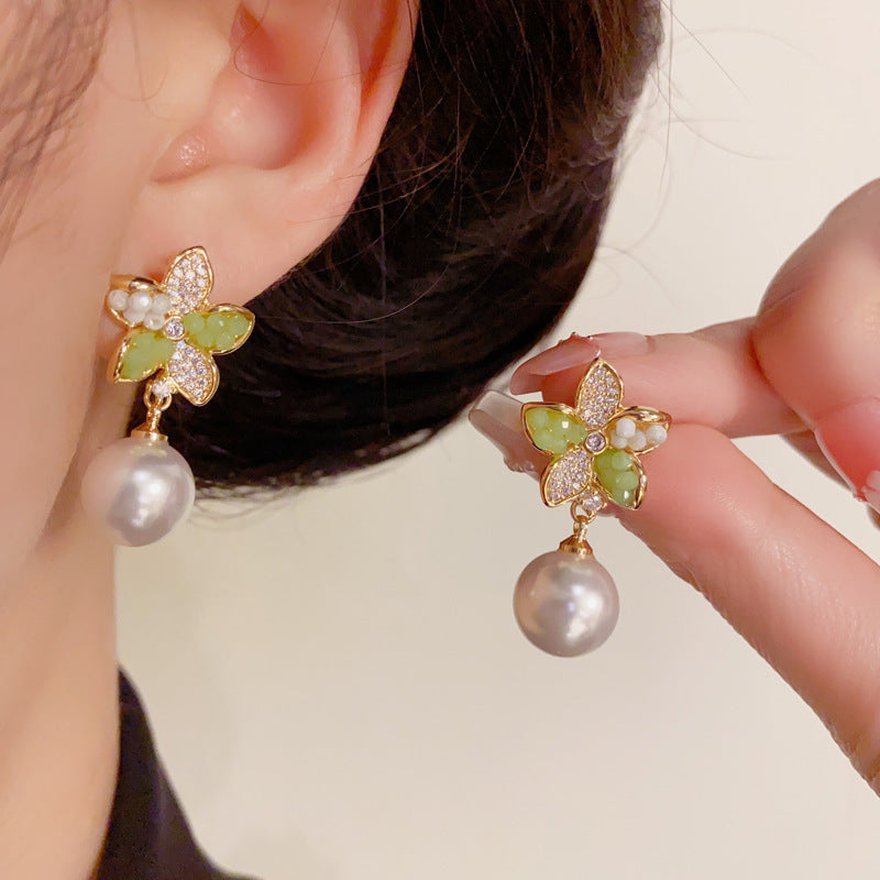 14K Gold-Plated Green Petal Pearl Drop Earrings – Chic Floral Design