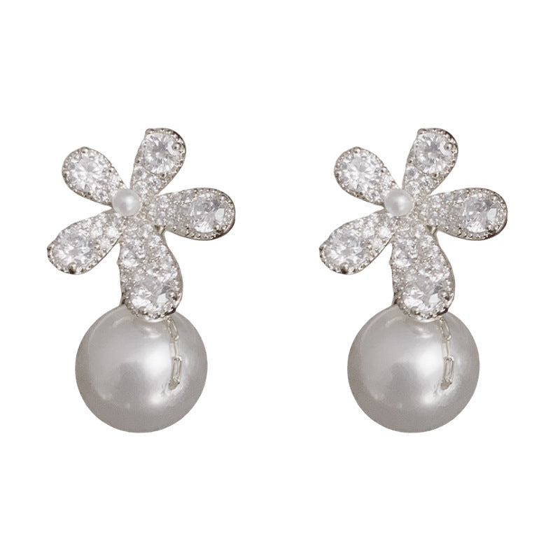 14K Gold-Plated Full Zircon Flower Pearl Earrings – Dual-Wear Design