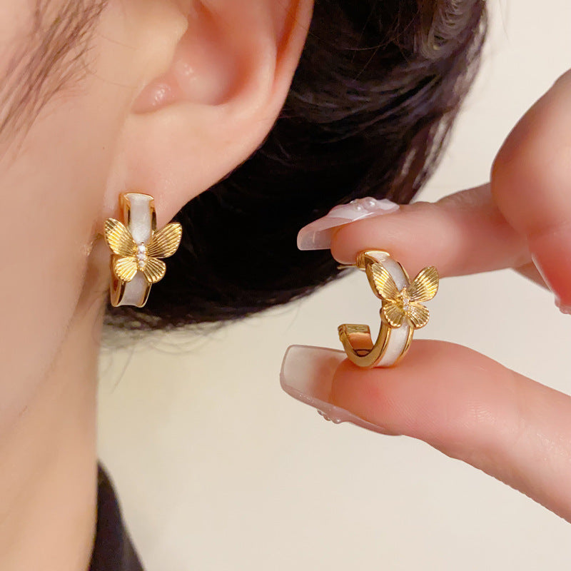 14K Gold-Plated Enamel Butterfly Hoop Earrings – Chic & Unique Design