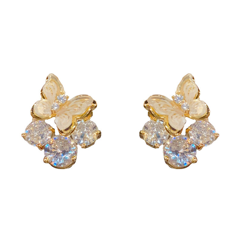 14K Gold-Plated Diamond Butterfly Stud Earrings – Elegant Design