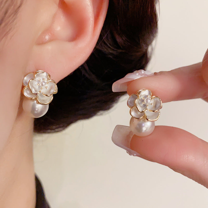 14K Gold-Plated Camellia Pearl Stud Earrings – Korean Minimalist Style